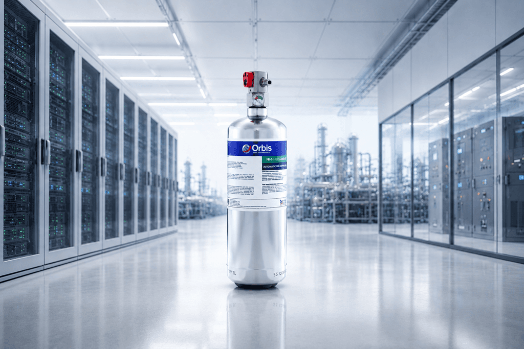 Gas cylinder labeled Orbis stands in a high-tech server/data-center room with racks and equipment in the background.
