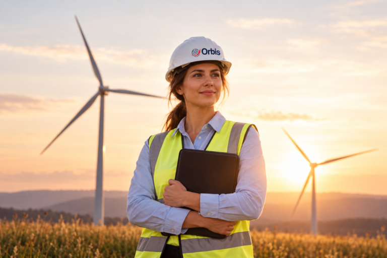 Wind energy professional wearing an Orbis Fire Suppression branded hard hat and safety vest at a wind farm, highlighting fire protection and asset safety for wind turbine infrastructure.